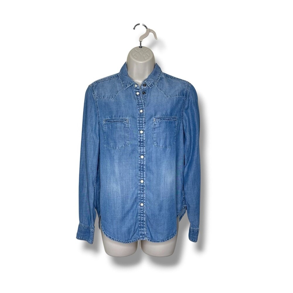 American Eagle Boyfriend Fit Denim Chambray Pearl Snap Western Shirt Women XS